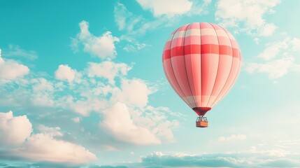 Fototapeta premium A vibrant hot air balloon drifts gracefully against a backdrop of fluffy clouds and a bright blue sky, symbolizing adventure and freedom.