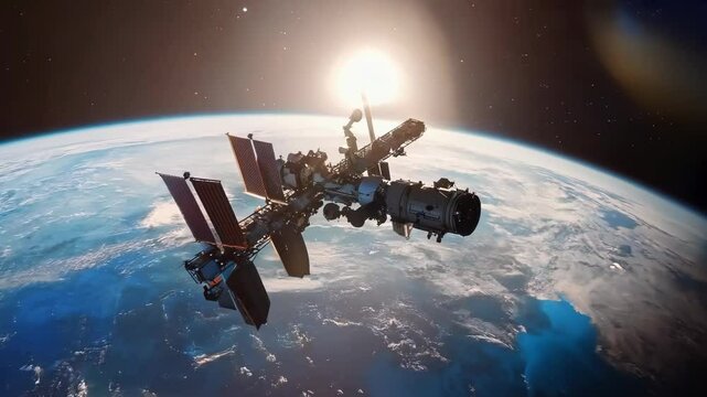 Satellite or space station in outer space against the background of the globe in motion close-up with space for text or inscriptions
