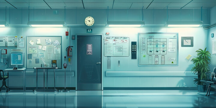 Hospital Engineering Department Wall: Covered in building maintenance plans, equipment repair schedules, and a board with engineering service requests