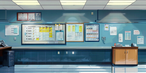 Hospital Engineering Department Wall: Covered in building maintenance plans, equipment repair schedules, and a board with engineering service requests