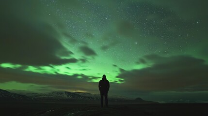 Fototapeta premium A breathtaking depiction of the Icelandic aurora borealis, showcasing vibrant swirls of green, purple, and blue lights dancing across the night sky. 