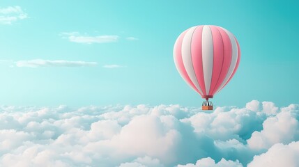 Fototapeta premium A vibrant hot air balloon floats gracefully above soft white clouds against a clear blue sky. Ideal for themes of adventure, freedom, and tranquility.