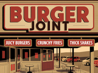 Retro burger joint with classic signage and outdoor seating in vintage style