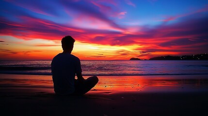 Fototapeta premium Silhouette of a young man sitting alone on a beach at sunset, reflecting in solitude with a colorful sky of orange, pink, and purple hues