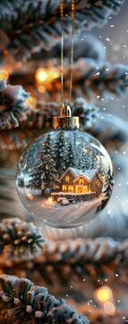Wallpaper of a glass Christmas ornament hanging on a frosted tree branch