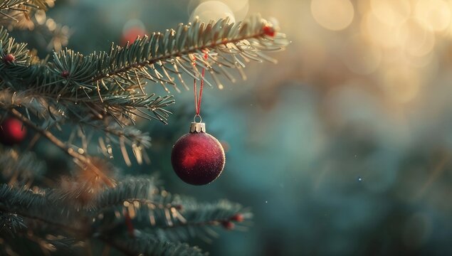Red Ornament on Snowy Pine Branch festive holiday background poster design