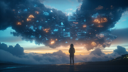 Fototapeta premium Woman Looking Up At Cloud With Digital Interface In The Sky