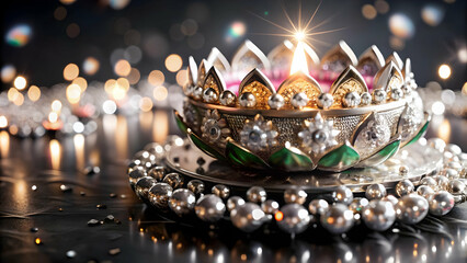 3D Loy Krathong Icon with Glowing Gems - Festive Floating Lantern Design Isolated on White Background, Highlighting Sparkling Details & Celebratory Atmosphere