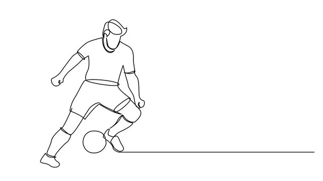 Continuous line drawing of football player jump and fly to kicking ball. Single one line art of young man playing soccer ball template