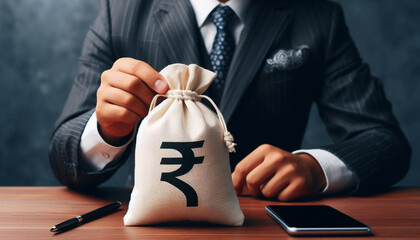 Businessman holds Indian rupee money bag for Property, business, shopping, earning, tax, pay, Trade, economics, bank, invest, loan related concept background