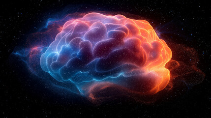 Obraz premium Cosmic Brainpower: A mesmerizing digital art rendering of a human brain engulfed in a vibrant nebula of cosmic energy, symbolizing intelligence, creativity, and the vast potential of the human mind. 