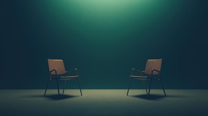 Fototapeta premium Two chairs facing each other in a dimly lit room, with one chair slightly faded, representing the finality and formality of an exit interview