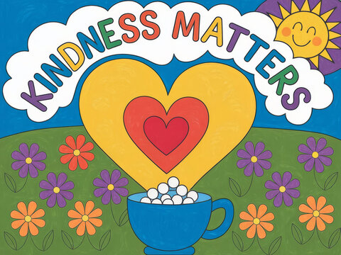 Colorful kindness matters design with heart, flowers, sun, and coffee