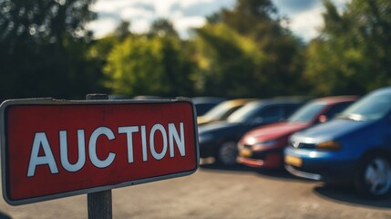 Car auction scene with AUCTION sign in the foreground, modern cars lined up in the background