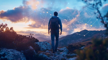 Fototapeta premium Man standing on a mountaintop looking at digital network sunset