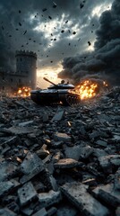 A dramatic war scene featuring a tank amidst rubble and explosions under a stormy sky, evoking tension and intensity.