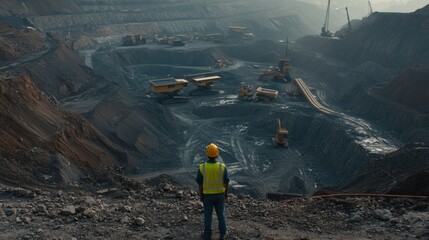 A construction worker in a bright yellow helmet and reflective vest stands at the edge of a massive quarry, contemplating the heavy machinery and conveyor belts in motion