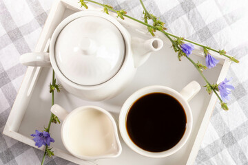 Herbal medicine. Shot in white. Tray, chicory tea cup, teapot, milk jug on plaid napkin. Top view.