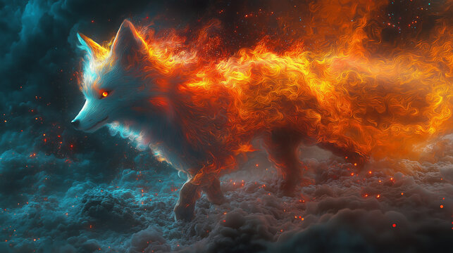 Fiery Fox: A majestic fox engulfed in flames, its fiery spirit blazing against a backdrop of swirling smoke and embers. This mystical creature embodies power, determination.