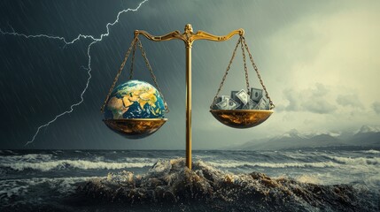 Unstable Balancing Act: A scale teetering on the edge of collapse, with one side holding a globe and the other stacked with crumbling stock market graphs and currency symbols