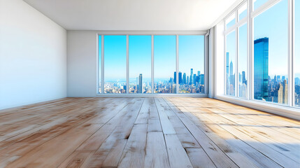 Modern Urban Apartment Interior Spacious Panoramic City View Bright Natural Light Wooden Floors
