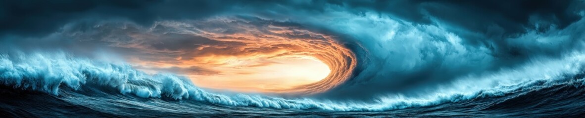 Obraz premium A breathtaking view of a giant ocean wave captured at sunset, showcasing vibrant colors and dramatic clouds, perfect for nature and adventure themes.