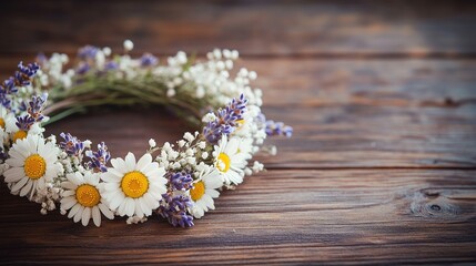 Delicate Floral Wreath on Rustic Wooden Background