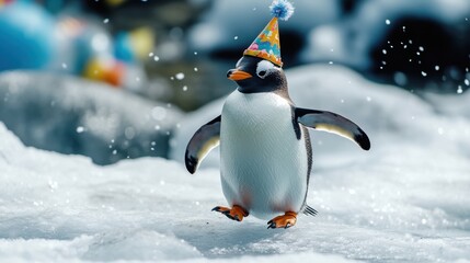 Fototapeta premium Fun-filled penguin in a birthday hat, joyfully dashing across the ice, adding a playful, festive feel to a wintry setting.