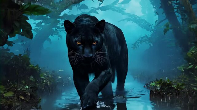 Majestic Black Panther Walking Through Misty Jungle Stream
