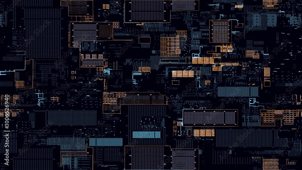 Poster printed circuit board. visualization of printed circuit board processor chip, digitalization of neur