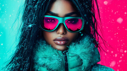 Stunning Model Snowy Background Colorful Sunglasses Winter Fashion Glamour