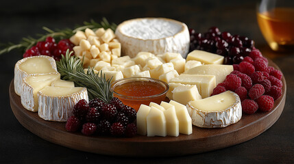 Elegant Cheese Tasting, A sophisticated cheese board featuring a variety of artisanal cheeses, fruits, nuts, and honey drizzles