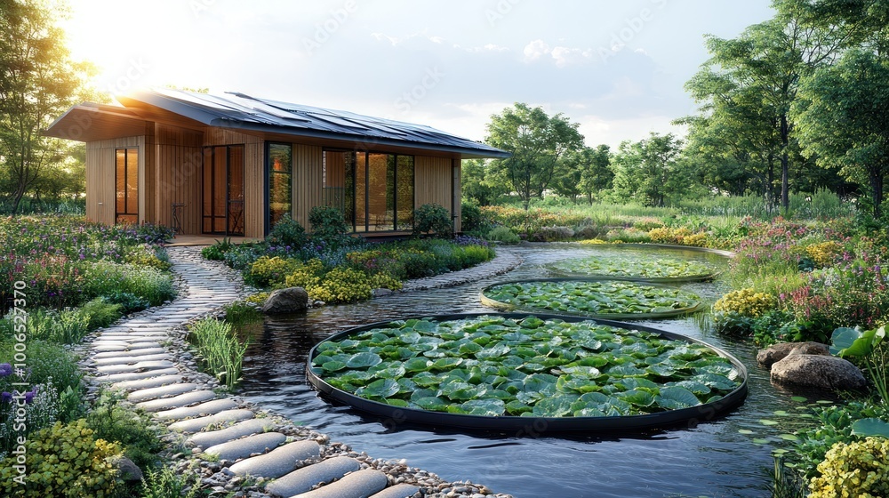 Canvas Prints Modern Eco-Friendly House with Pond and Garden