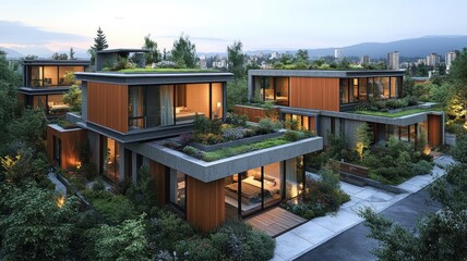 Fototapeta premium Modern architectural homes with green roofs surrounded by nature.