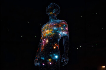 A person’s silhouette dissolves into the night sky, with their body composed of stars, galaxies, and nebulae
