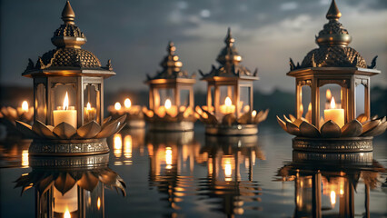 Obraz premium Magical Loy Krathong Celebration: Beautifully Illustrated with Glowing Lanterns Isolated on White Background, Capturing the Festival's Essence in Photo Stock