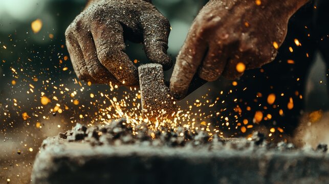 Wordsmith Crafting Actions: A figure is shown forging words on an anvil, and the sparks from the forge turn into actions, like building blocks or hands in motion