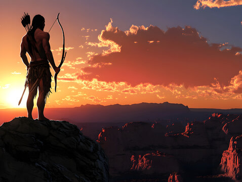 A fierce Apache warrior, standing atop a cliff with a bow drawn, surveying the rugged terrain below as the sun sets, ready to protect his land. Apache warrior surveying the land.


