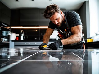 A craftsman is cutting glass panels in the kitchen. He has expertise and many tools. Generative AI