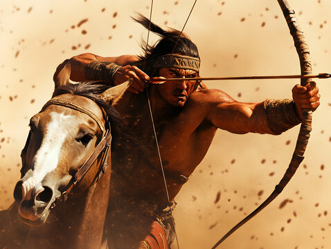 A fierce Huns warrior, riding a galloping horse across the plains, wielding a bow and arrow, with fierce determination in his eyes as he prepares for a hunt. Huns warrior on horseback.


