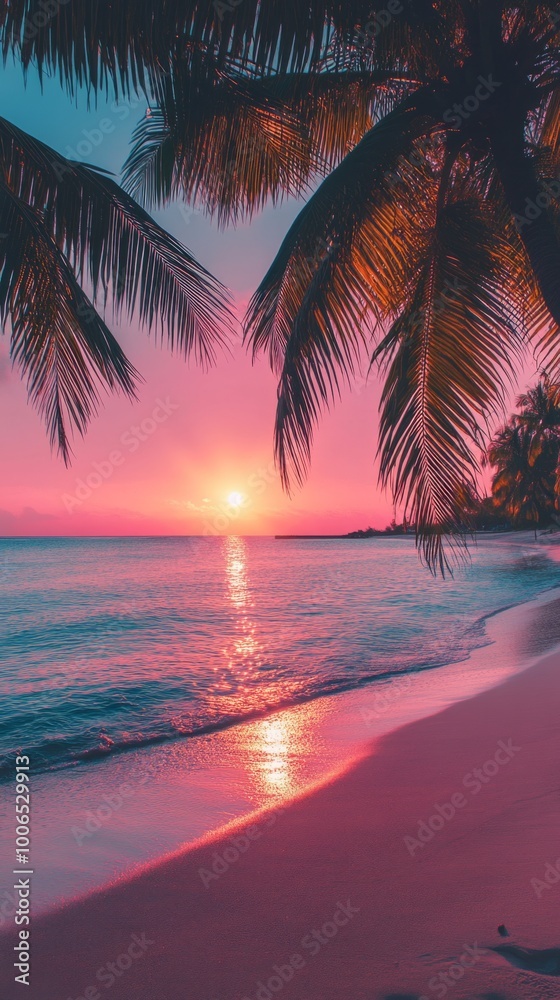 Poster a beautiful sunset over the ocean with a palm tree in the foreground