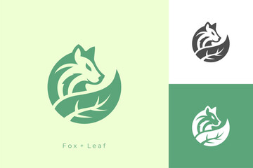 Animal Logo Fox With Leaf Tail. Circle Basic Shape