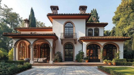 Obraz premium Elegant villa with arched entrances and lush greenery.