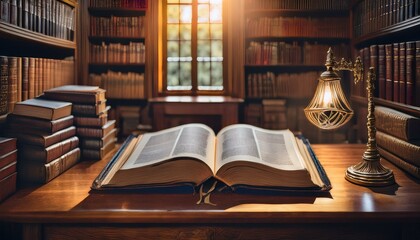 The Bible in Old Library Nook. An open Bible rests on a mahogany desk.