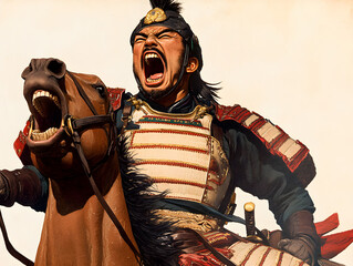 A noble Japanese general, dressed in ornate armor and mounted on a majestic horse, leading his troops into battle with a determined expression. Japanese general leading his troops.


