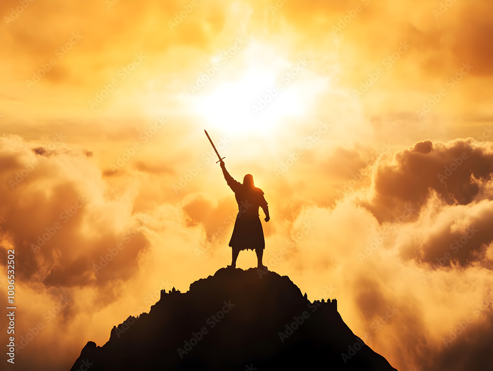 Wall mural A valiant Crusader knight, standing atop a hill with a majestic castle behind him, raising his sword high as the sun breaks through the clouds, symbolizing hope and valor. Crusader knight on a hill.

