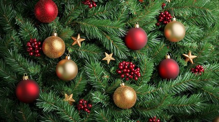 Close up of Festive Christmas Tree with Red and Gold Ornaments and