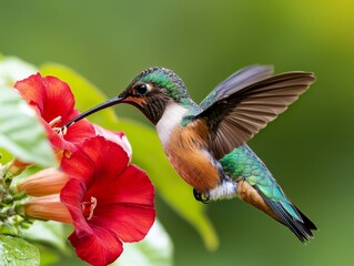 Fototapeta premium Colorful Hummingbird Feeding from Vibrant Red Flower in Tropical Garden
