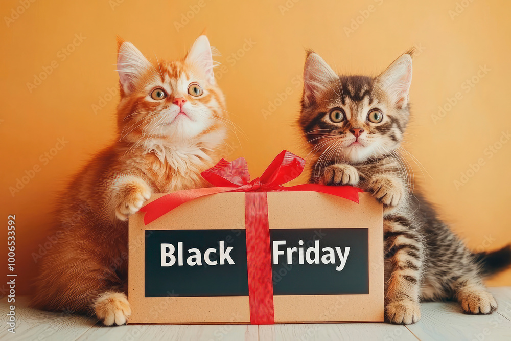 Wall mural two cute cats sitting on a black friday box