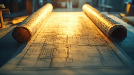 A close-up image of rolled-out architectural plans with clear, precise lines, softly illuminated by natural light from behind. The backlighting highlights the scale of the floor plans and gives depth